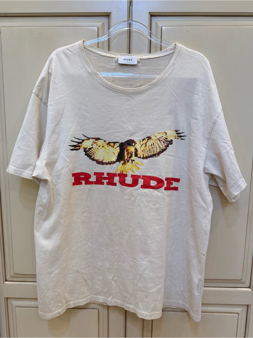 Rhude Off-White Vinyage Tee with Red Logo and Yellow Eagle Graphic